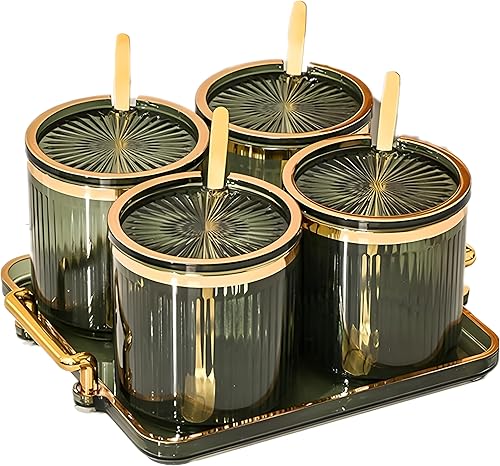 Tarros acrílicos para especias de condimentos, caja de especias para condimentos con tapas y cucharas y bandeja, recipientes de plástico