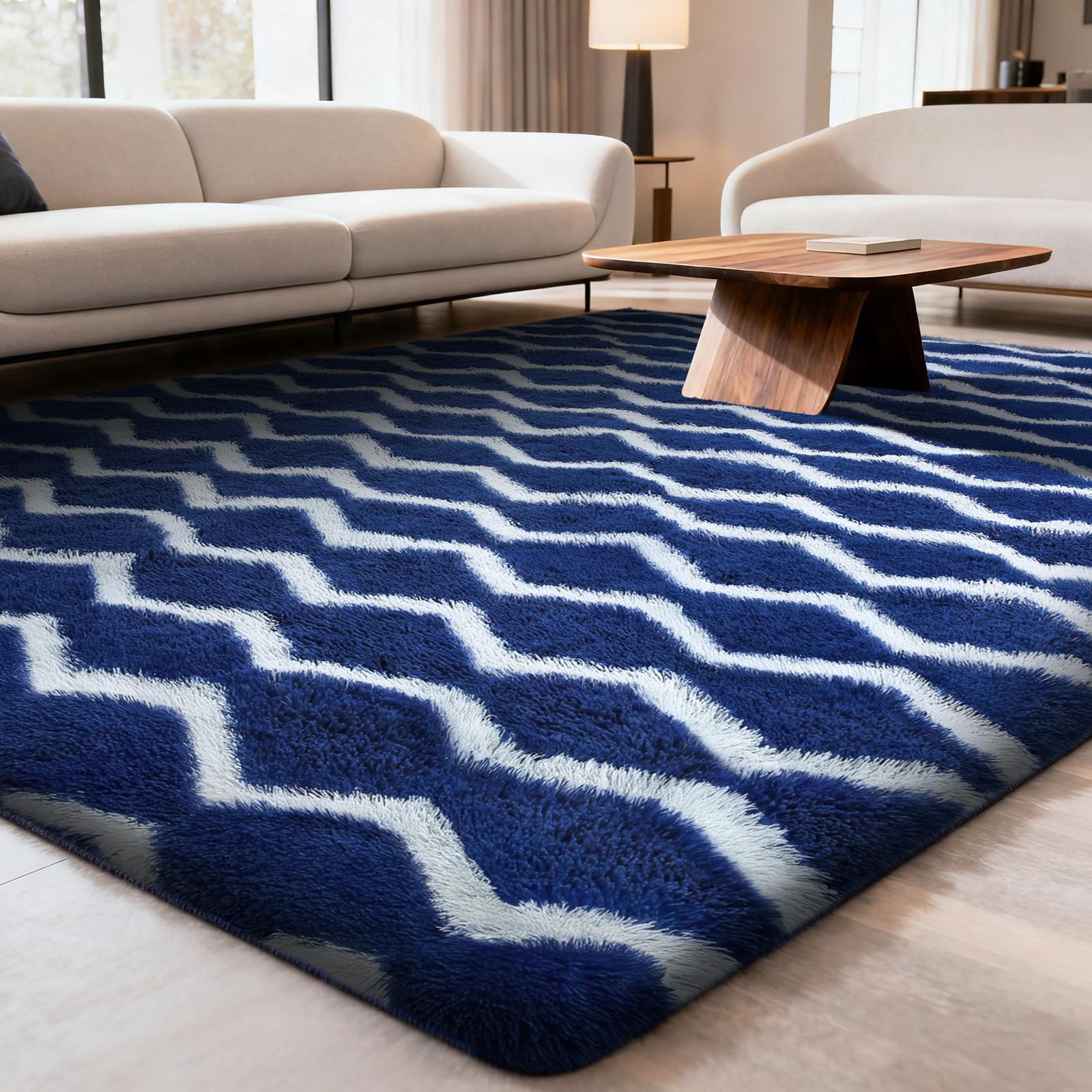 Sour Lemon Tappeto Salotto Pelo Lungo a Righe, Tappeto Camera da Letto Antiscivolo Lavabile, Grande Tappeto Shaggy Morbido Moderno per Soggiorno e Cameretta Bambini, Blu navy e bianco, 160x230 cm