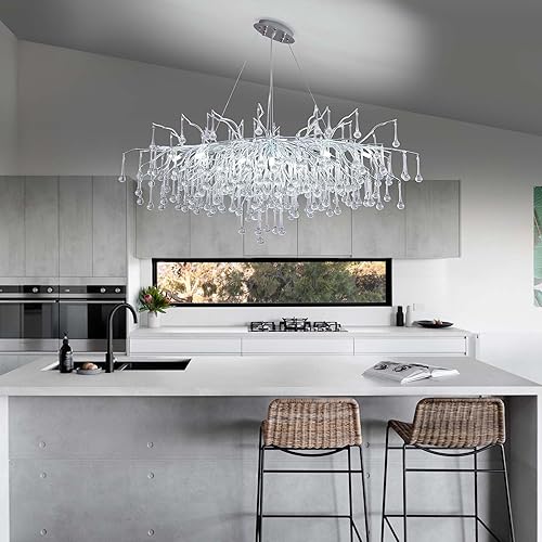 Miniatura 17 de Candelabro moderno de ramas de árbol de cristal, color negro, 40 pulgadas, Art Deco Rectángulo Lineal con gotas de lluvia para interiores, comedor