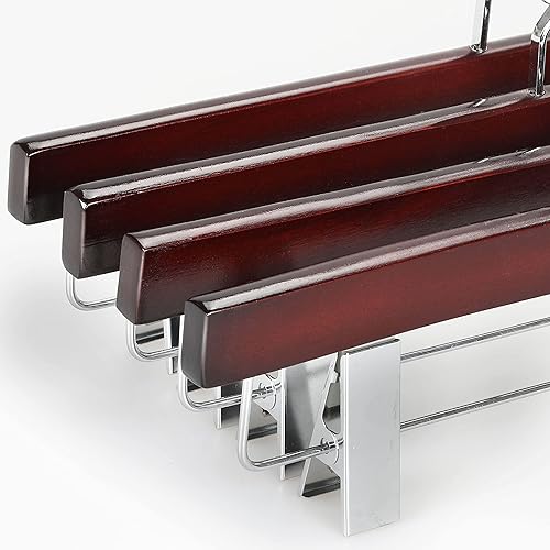 Miniatura 6 de TOPIA HANGER Perchas para pantalones, perchas de madera de cerezo de lujo con clips de metal de alta calidad y gancho plano giratorio de 360
