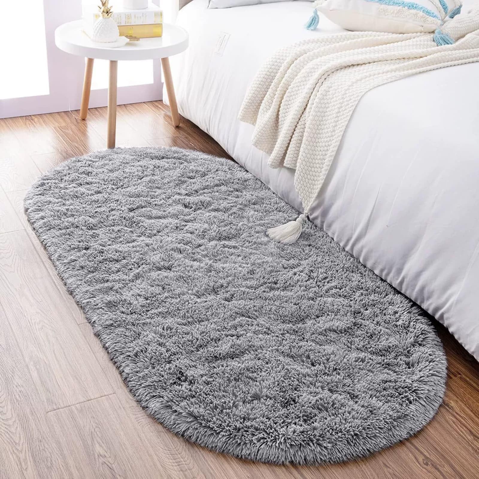 Hearda Fluffy Oval Rugs for Bedrooms, Large Shaggy Rugs for Living Room Soft Thick Pile Plush Floor Mat with Non Slip Bottom Modern Kids Carpet Play Mat for Bedside (Gray,91x152cm) — image 1