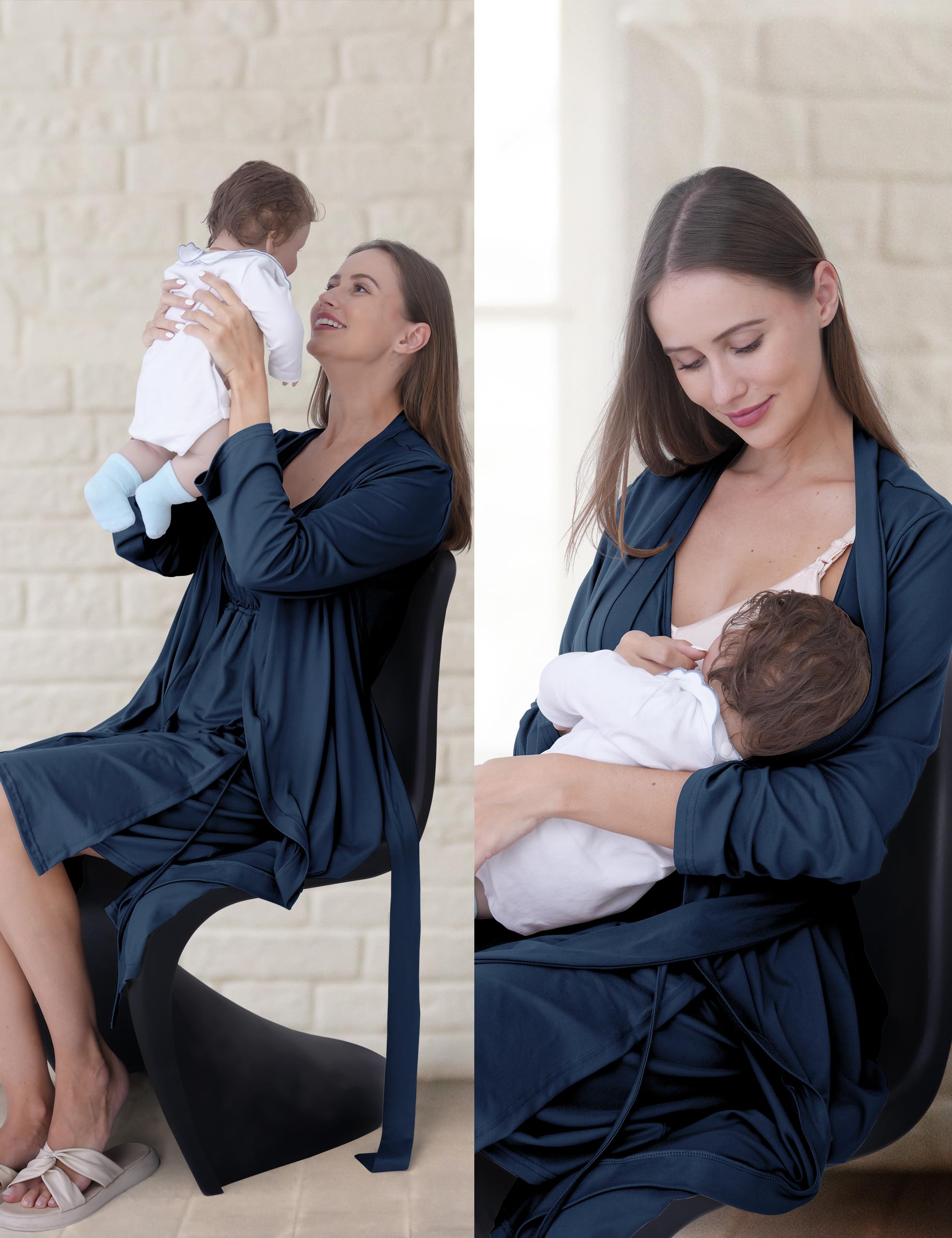 SUNNYBUY Camisón de maternidad y lactancia con bata, 2 piezas, juego de vestido de noche 3 en 1 para el parto, el parto y la lactancia, ropa de dormir hospital, azul marino, L