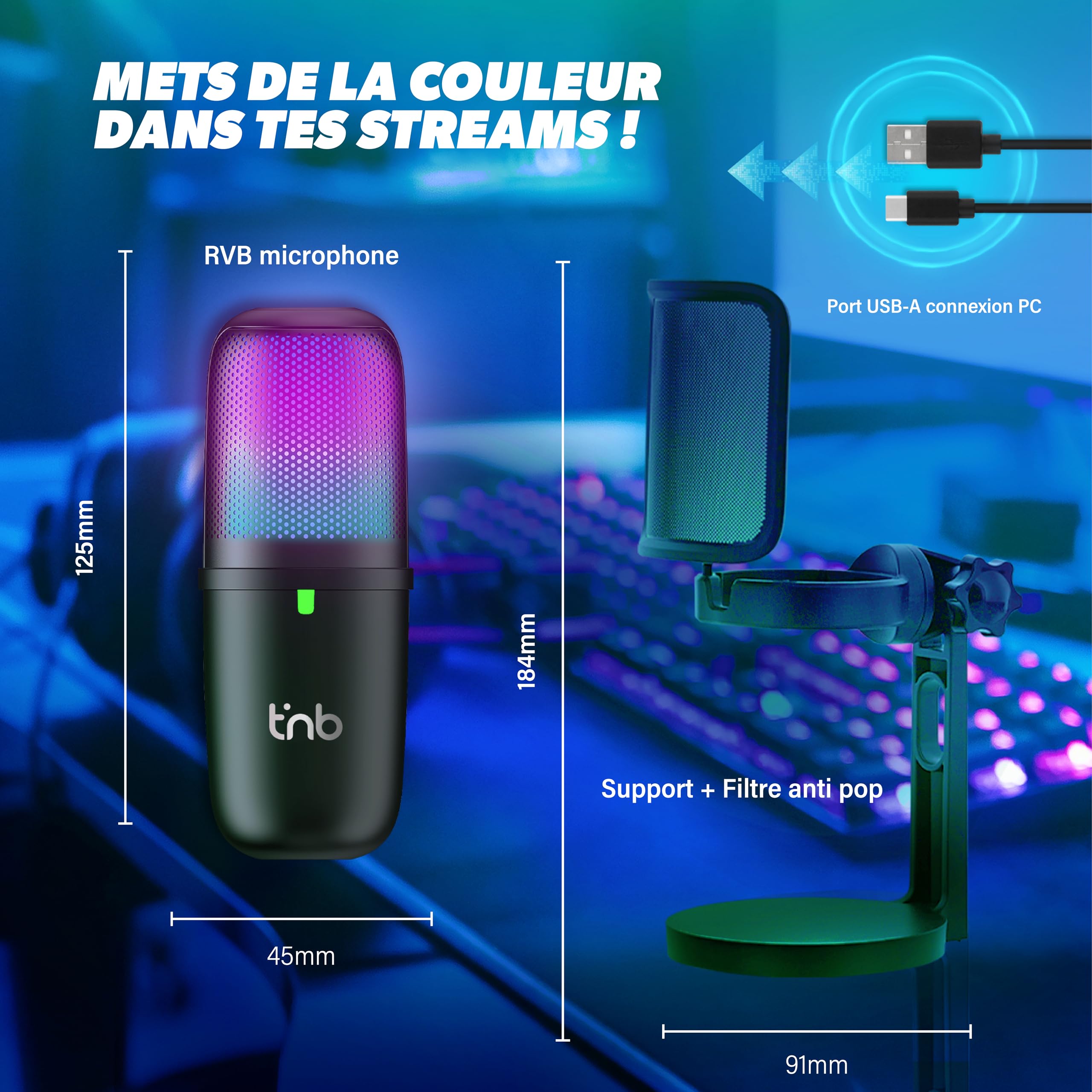 T'nB - Microphone USB à Condensateur pour PC et PlayStation PS4/PS5, Microphone Gaming Lumière RGB, Streaming et Podcast, idéal Youtube, Twitch, Discord et Jeux Vidéo - Noir