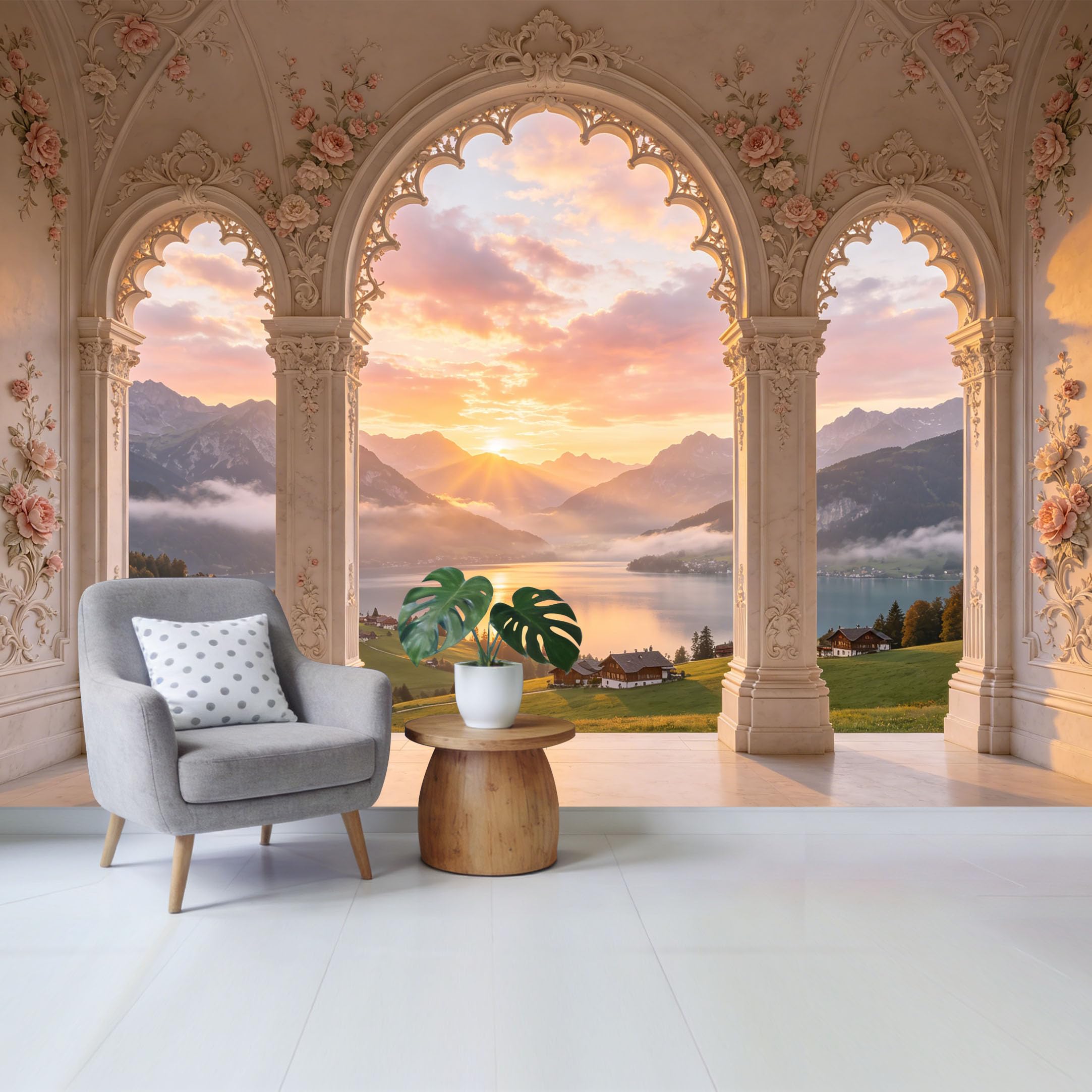 Removable Self Adhesive Fabric Mural， Neoclassical Floral Arch Mountain Lake Sunset Custom Size Wall Covering， UV Protected Waterproof Washable Wall Decor for Living Room Bedroom Bathroom