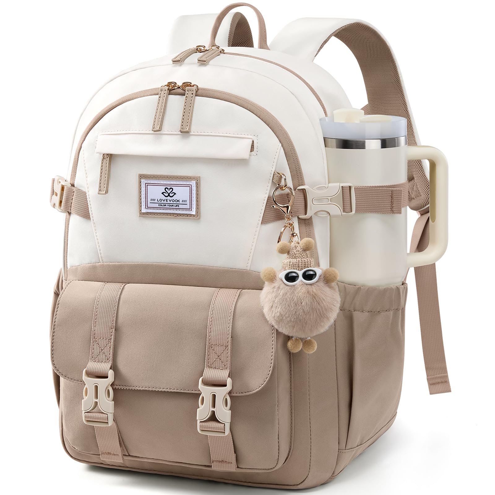 LOVEVOOK School Backpack for Teen Girls, Bookbag for 8-16 Student, Middle High College Back to School Cute Kids Backpack, 15.6 Inch, Khaki-beige