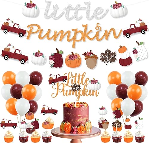 Miniatura 1 de K KUMEED Decoraciones de fiesta de calabaza pequeña, pancarta de calabaza roja y blanca, hojas de otoño, calabaza, camión, decoración de pastel,