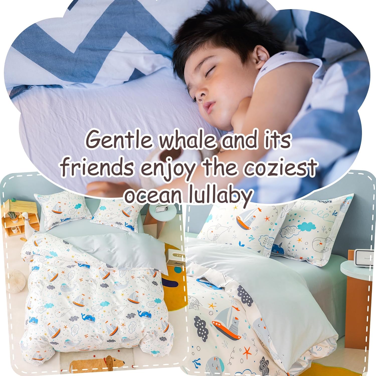 Simple&Opulence 100% Organic Cotton Duvet Cover for Kids Teens, 4 Pieces Soft Comforter Cover with Zipper Closure Cool Boy Girl Sea Sailboat Ocean Bedding Set - Whale, Full/Queen - Image 5