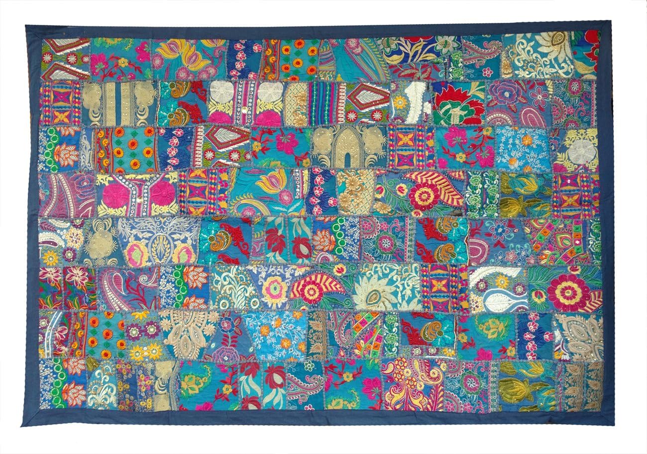 Rastogi Handicrafts Indian Handmade Embroidered Patchwork Old Hanging Wall Art Vintage Tapestry Old Sari Cutting Wall Hanging Parda (BLUE, 40 X 60 INCH)