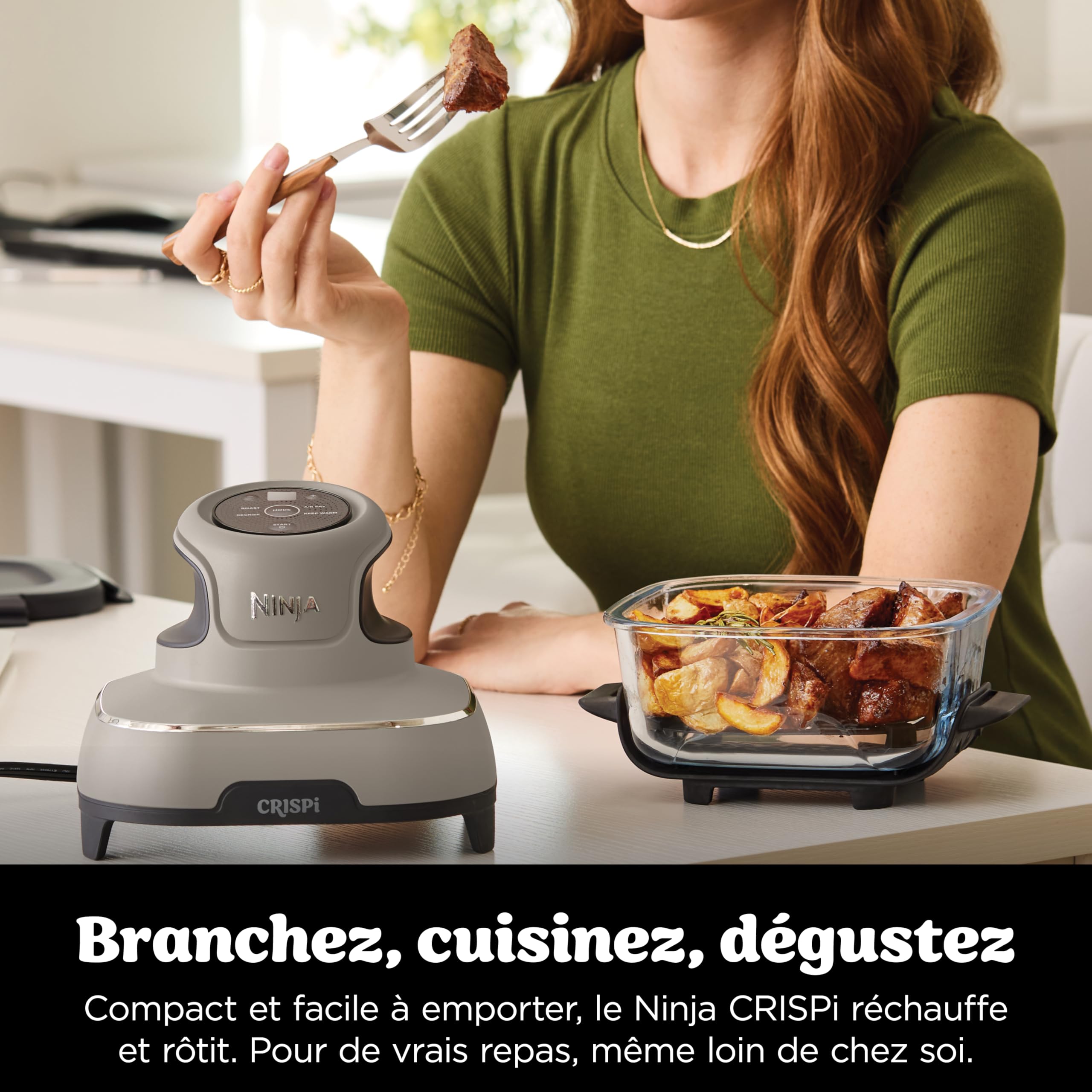 Ninja CRISPi Friteuse sans huile portable, 3,8L, 4-en-1 : Frire sans huile, Rôtir, Garder au chaud, Recroustiller, Design compact, 2 récipients avec couvercles, 1 700 W, Pierre FN101EUST
