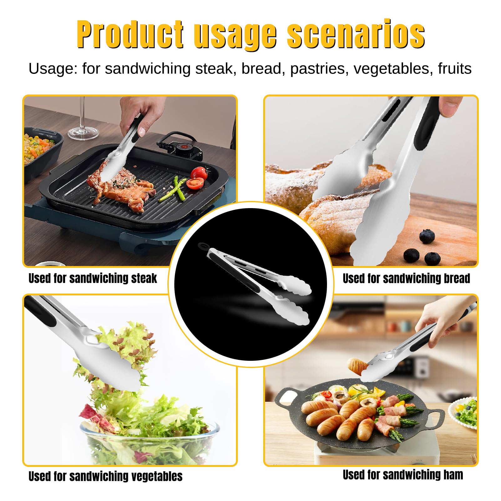 Pinzas de cocina, pinzas de acero inoxidable, pinzas de mango antideslizantes, pinzas de cocina, utensilios aptos para lavavajillas, perfectas para alimentos, ensalada y barbacoa, juego de 2 5