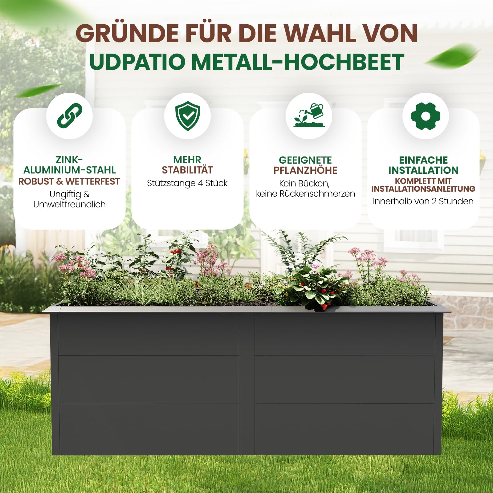 UDPATIO Hochbeet Metall XXL 200x100x77 cm, Stabiles Hochbeete-Kit mit verstärkten Innenstreben – Wetterfestes Gartenbeet mit offener Bodenstruktur, Gemüsebeet & Blumenbeet für Garten, Anthrazit