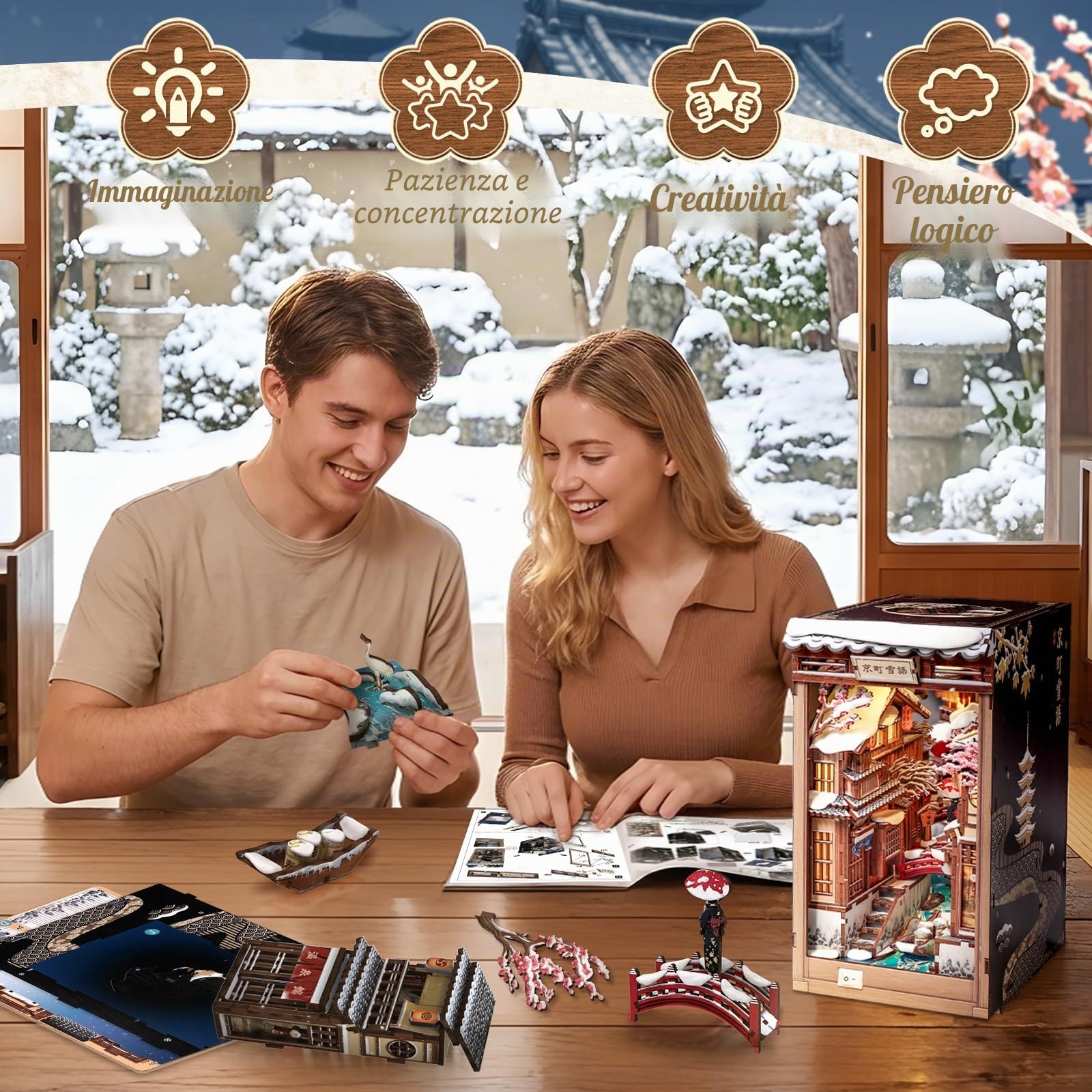 CUTEBEE Book Nook Kit - Casa delle bambole fai da te da costruire per adulti, puzzle 3D in legno con LED, scena invernale a Kyoto, decorazione per biblioteca, regali fatti a mano (Kyoto Snow Whisper)