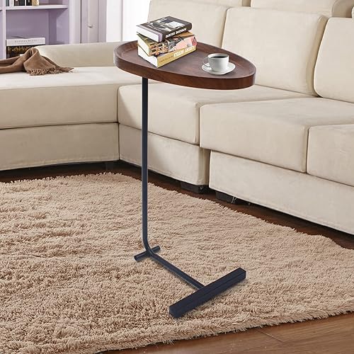 Miniatura 7 de Mesa auxiliar pequeña, mesa auxiliar en forma de C para aperitivos, café, cena, mesa auxiliar para sofá, dormitorio, sala de estar, nogal de 17.7