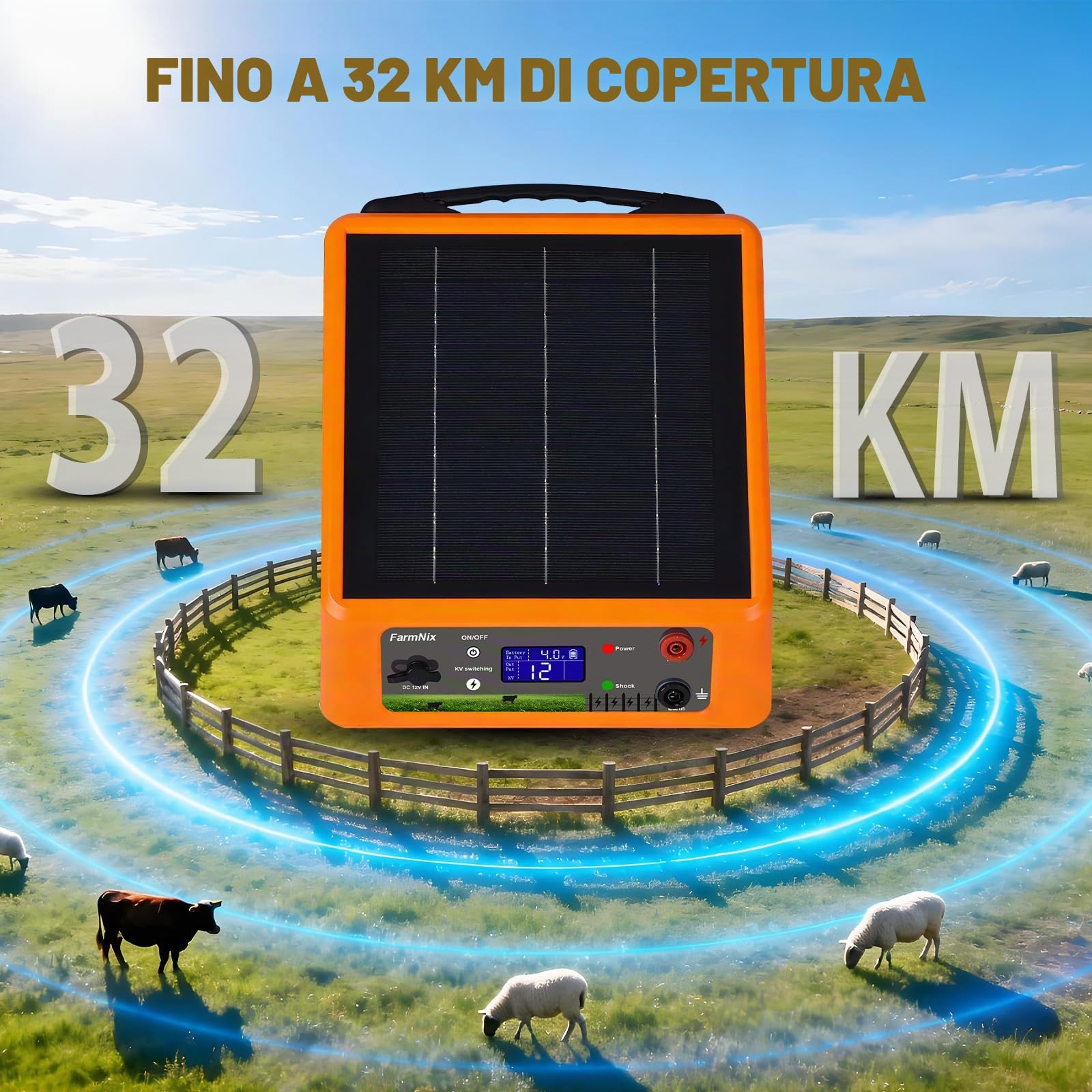 Elettrificatore Recinto Elettrico Solare 32KM, Uscita 6-12KV | 0.3-2.0J Regolabile, con Batteria Litio 18Ah, Pannello 6W IP55 per Cavalli, Bestiame, Pecore, Cinghiali