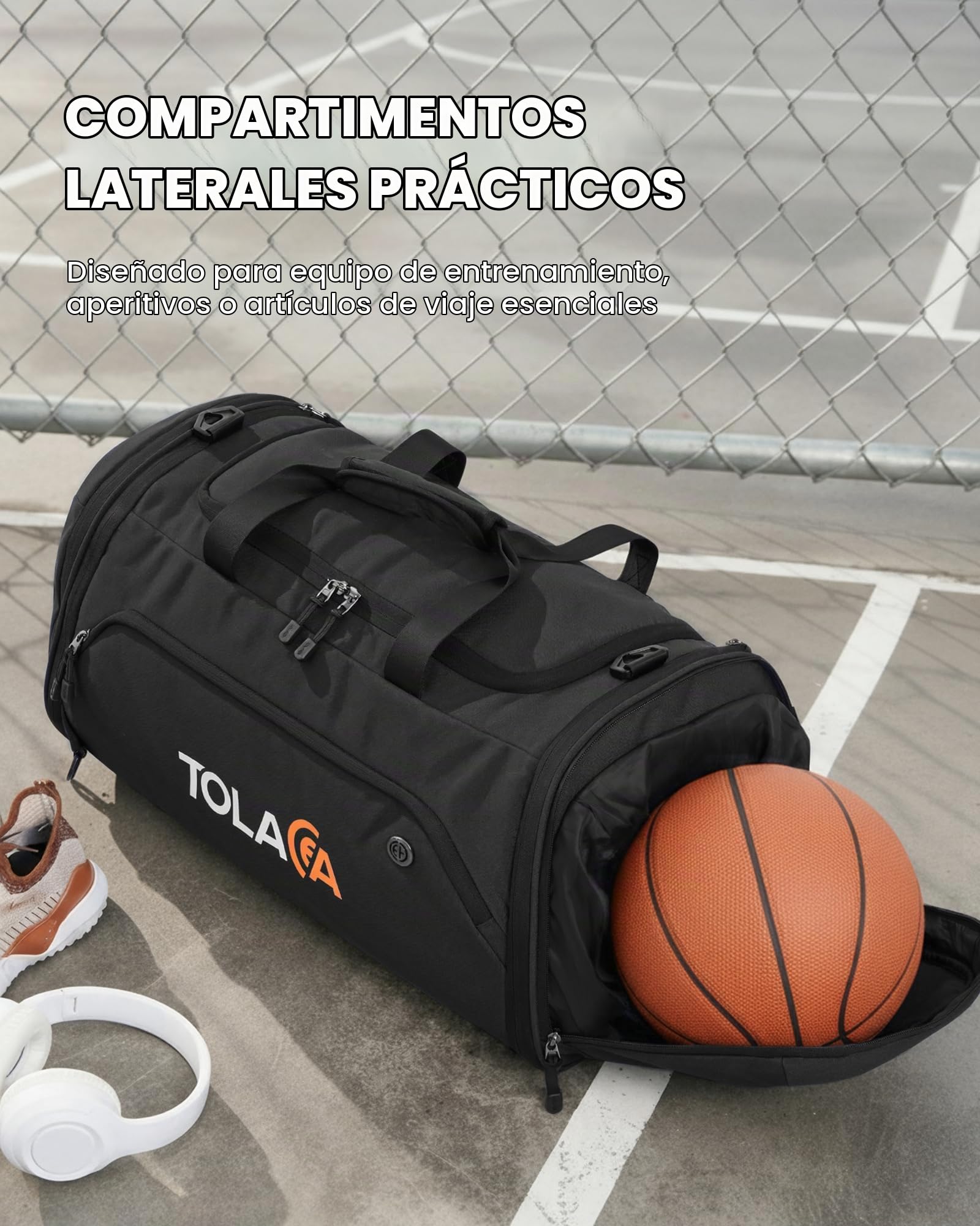 Tolaccea Bolsa de Deporte Extensible 56–70L Hombre Mujer – Bolsa de Viaje con Compartimento para Zapatos & Bolsa Húmeda, Convertible en Mochila para Gimnasio, Natación, Fútbol, Viajes (Negro)