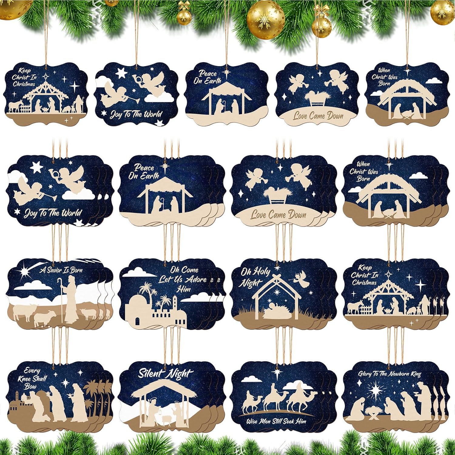 Soaoo 36 Pcs Nativity Ornaments Bulk for Christmas Tree Wooden Scene Ornaments Bulk Nativity Xmas Tree Hanging Decorations Birth of Jesus Christian Ornament for Advent Decor (Square Style)