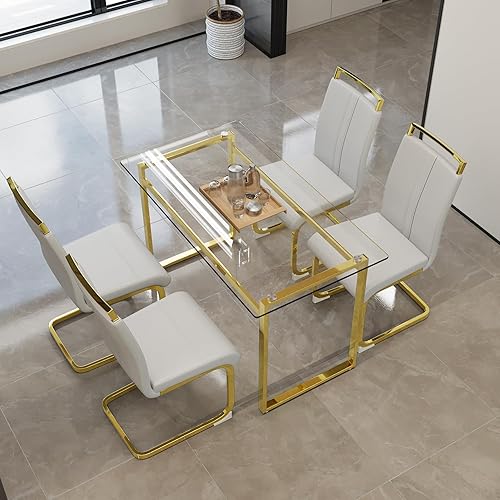 Miniatura 7 de Juego de mesa de comedor de cristal para 4, mesa de comedor rectangular moderna para 4, juego de mesa y sillas de cocina doradas de 51 pulgadas,