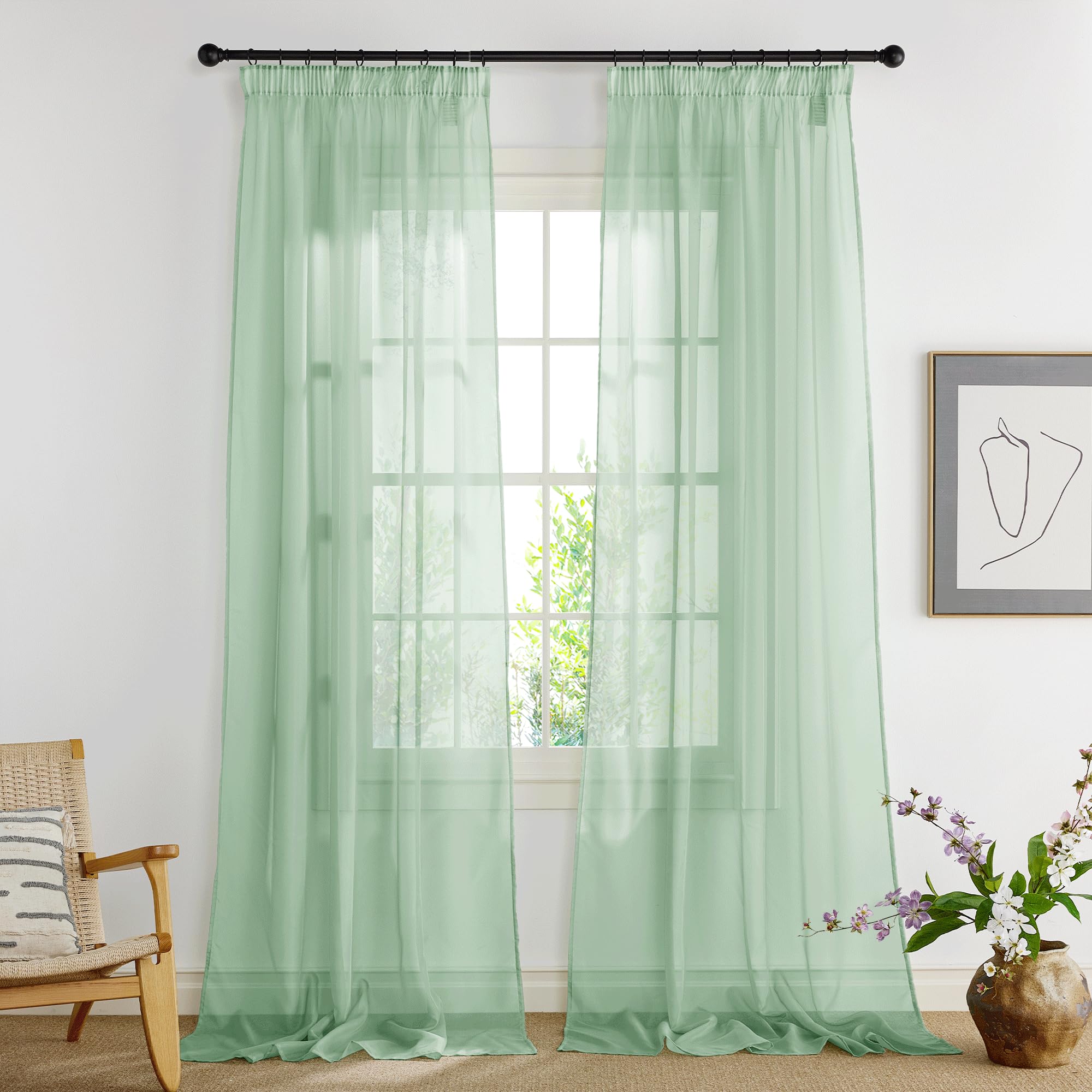 PONY DANCE Extra Long Sage Green Net Curtains 55x108 inches, Pencil Pleat Voile Curtains for Bedroom/Living Room/Nursery