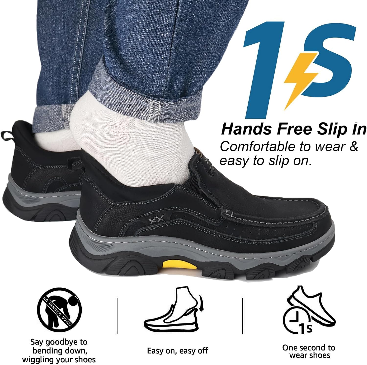 VOCECO Mens Hands Free Slip On Leather Walking Outdoor Slip-Ins Loafers Work Hiking Causal Shoes - Image 2