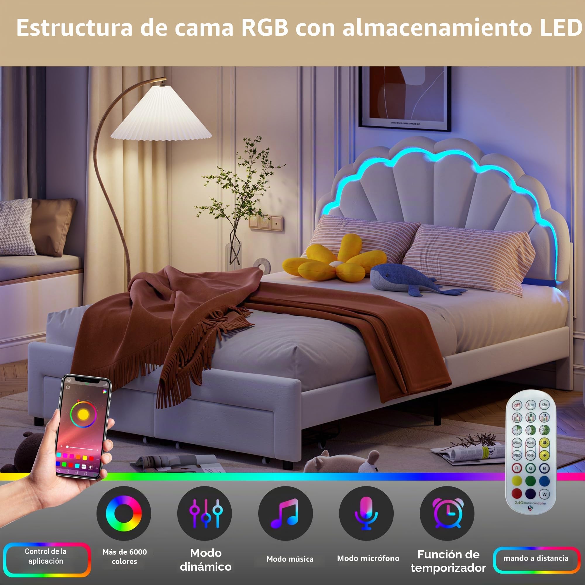 Cama Infantil Doble de 140 x 200 cm, con cajón de Almacenamiento, Cama Infantil Acolchada con LED, cabecera de Cama Ajustable en Altura en Forma de pétalo, somier de láminas, Camas para niña