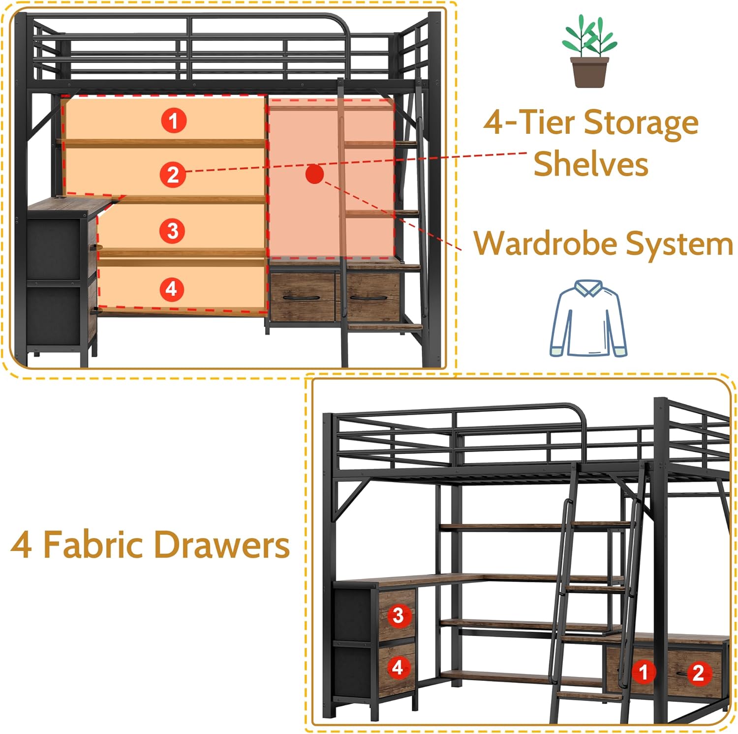 Queen Size Loft Bed with L-Shaped Desk and Charging Station, Heavy Duty Metal Loft Beds Queen with Storage Shelves, Wardrobe, Drawers, Gaming Loft Beds with LED Lights for Adults, Teens,Black