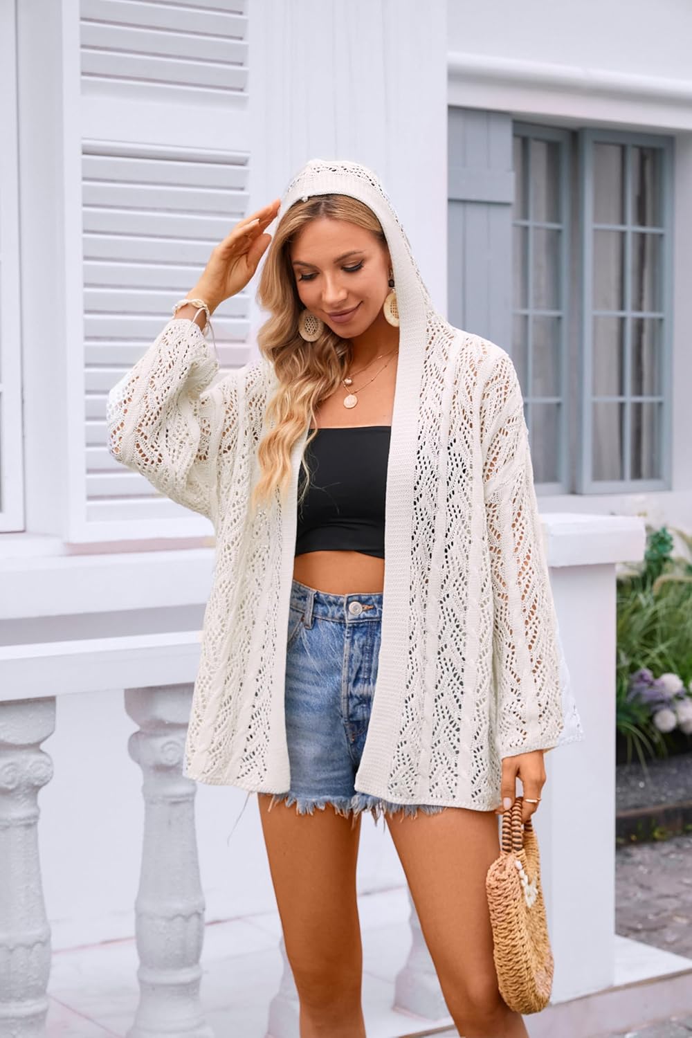 Women's Lightweight Crochet Cardigan Sweaters Long Sleeve Open Front Knit Summer Boho Hooded Beach Cover up - Image 6