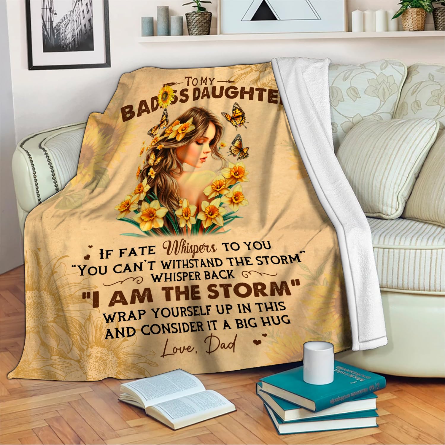 To My Daughter Blanket from Dad and Mom, Personalized Floral Butterfly Girl Fleece Soft Throw Blanket, Christmas Birthday Gifts
