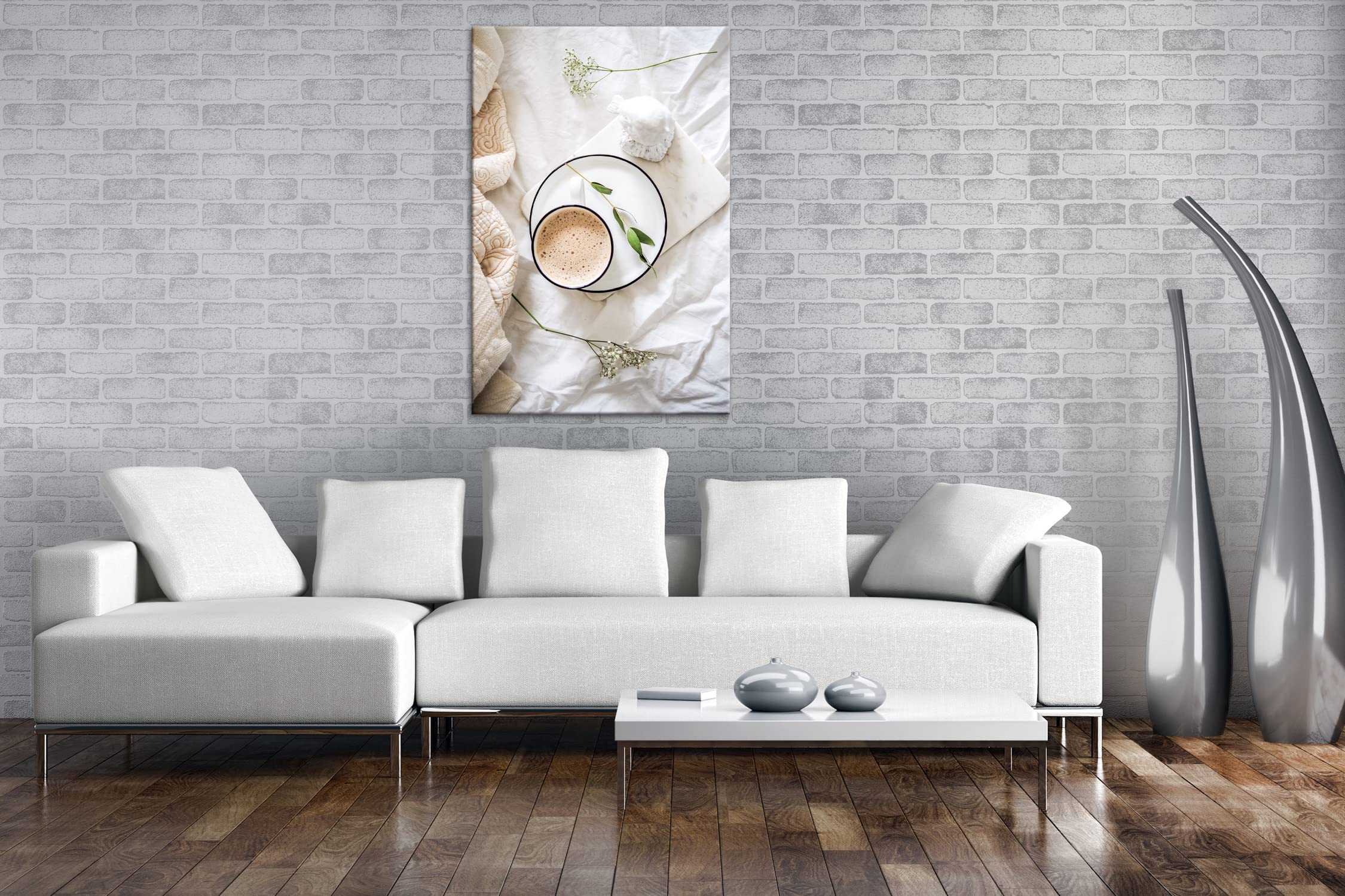 Rahmenlos - Lienzo con diseño de café en la mañana (100 x 70 cm, con marco de madera, impresión digital de , sin póster ni cartel)