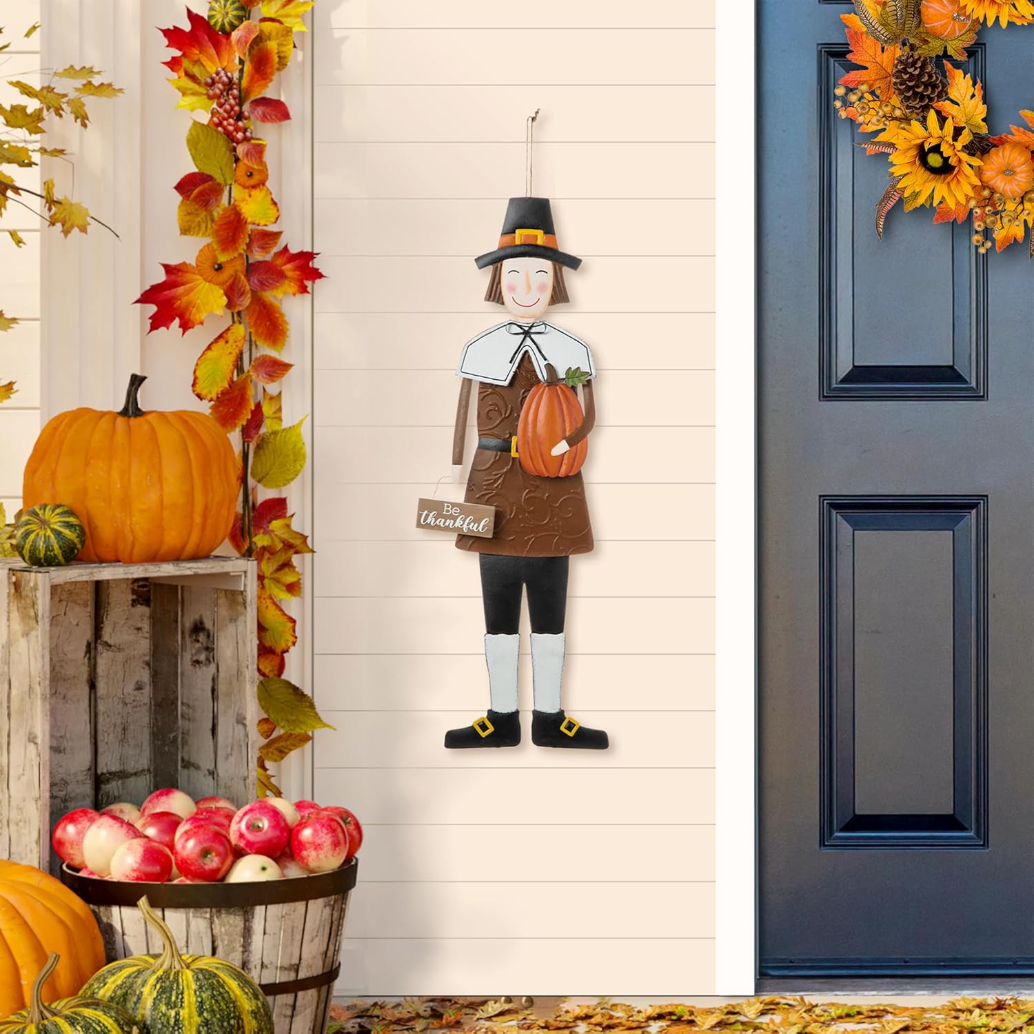 Glitzhome Thanksgiving Decorations Outdoor, 36" Metal Pilgrim Boy Give Thanks Yard Welcome Sign with Stake Wall Hanging Decor for Yard Garden Lawn Pathway