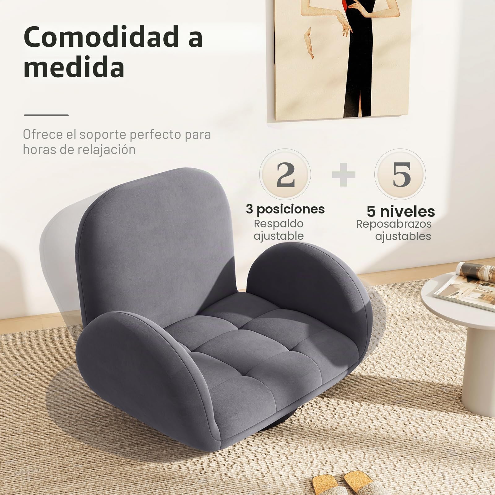 RELAX4LIFE Silla de Suelo Plegable, Silla de Suelo con Respaldo y Reposabrazos Ajustables, Sofá Plegable de Tela de Gamuza, Carga 150kg, Silla Plegable para Salón, Estudio (Sin Base Giratoria)