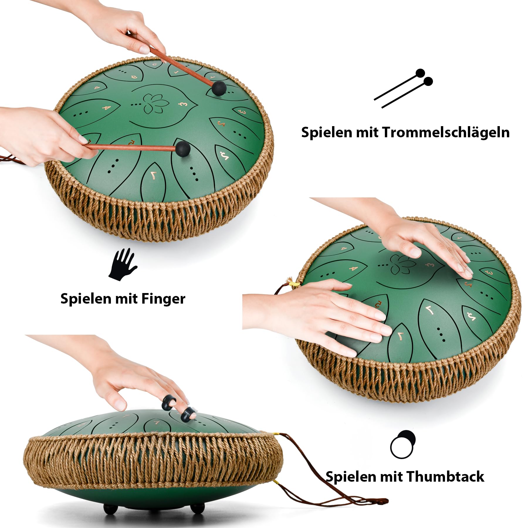 Zungentrommel 13 Zoll 15 Töne, Hand Pan Drums für Erwachsene 440hz, C-Dur Handpan Musikinstrument mit Liederbuch, Schlägeln und Tragetasche, Grün