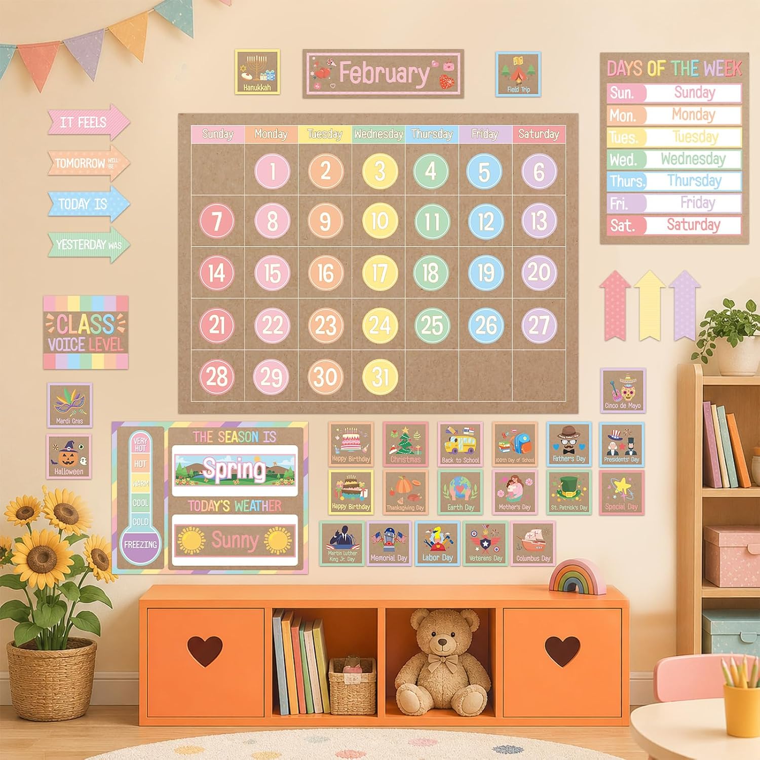 Classroom Calendar Bulletin Board Set Classroom Decoration with Seasons Weather Days of the Week Chart with Hook and Loop Dots for Elementary Preschool Home Office Wall Teacher Supplies(Kraft Paper)