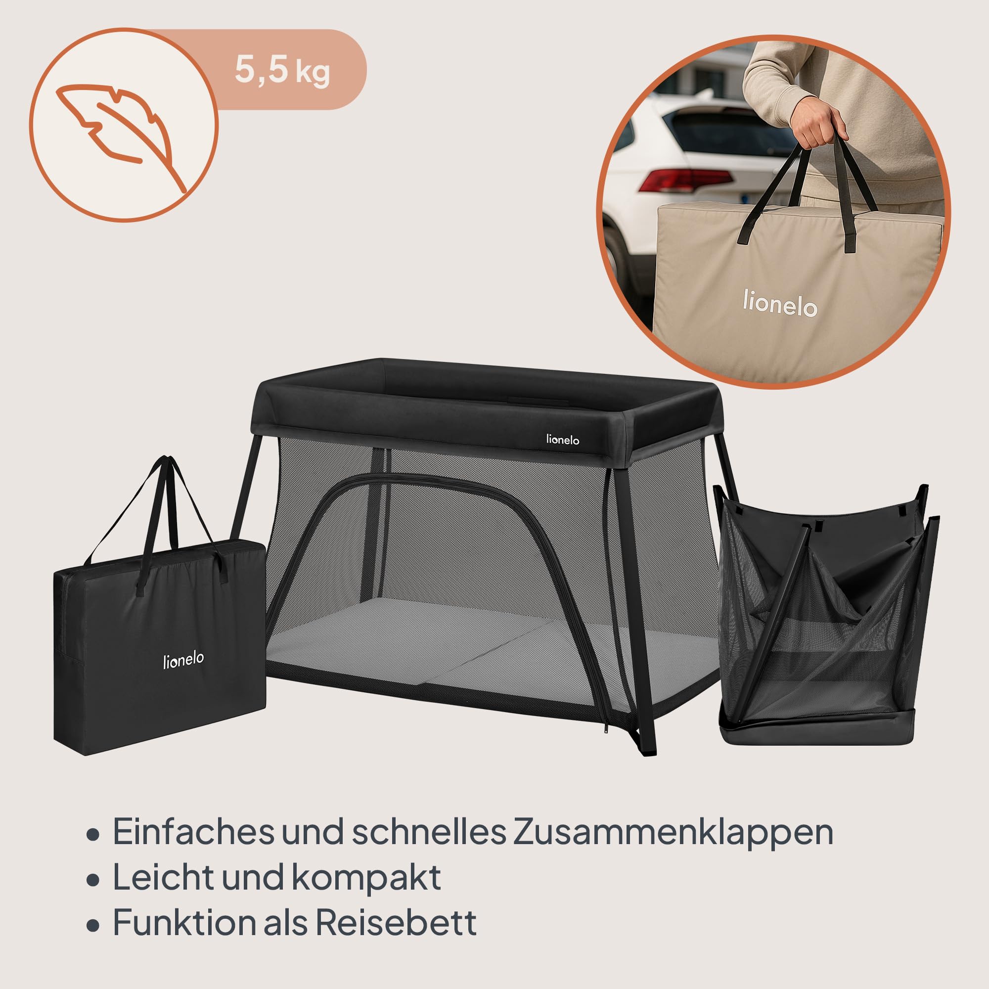 Lionelo Alice 3-in-1 Reisebett Laufgitter 0-15 kg Schaumstoffmatratze 2 Höhenstufen faltbar Seiteneinstieg Reisetasche