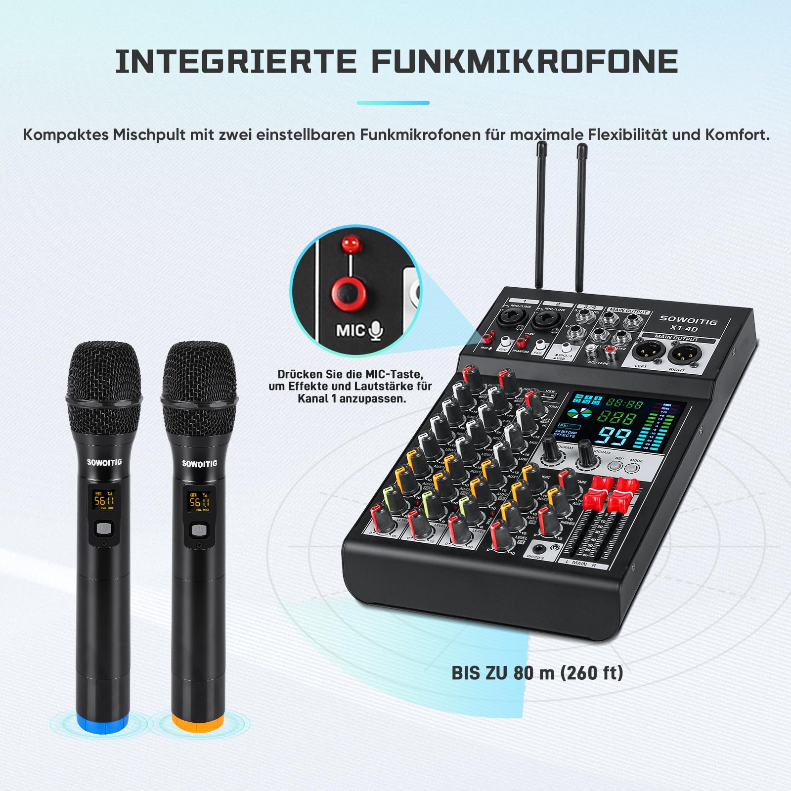 Mixer audio a 4 canali con 2 microfoni senza fili, console professionale DJ con 99 DSP MP3 Bluetooth 48 V alimentazione phantom PAD e interfaccia USB per registrazione, karaoke domestico e streaming
