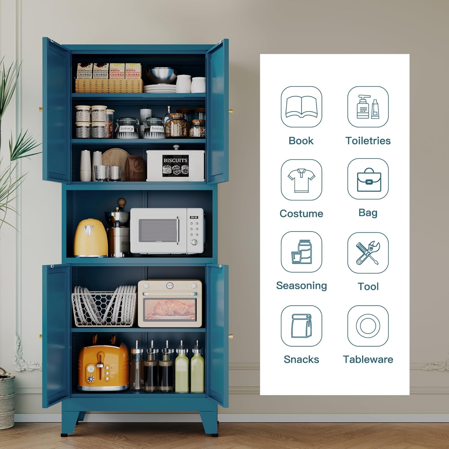 69" Tall Metal Pantry Cabinet with Microwave Shelf,Microwave Storage Cabinet with 4 Doors & 3 Adjustable Shelves,Metal Cabinet with Storage for Kitchen Dining Room Living Room(1PC,Blue)