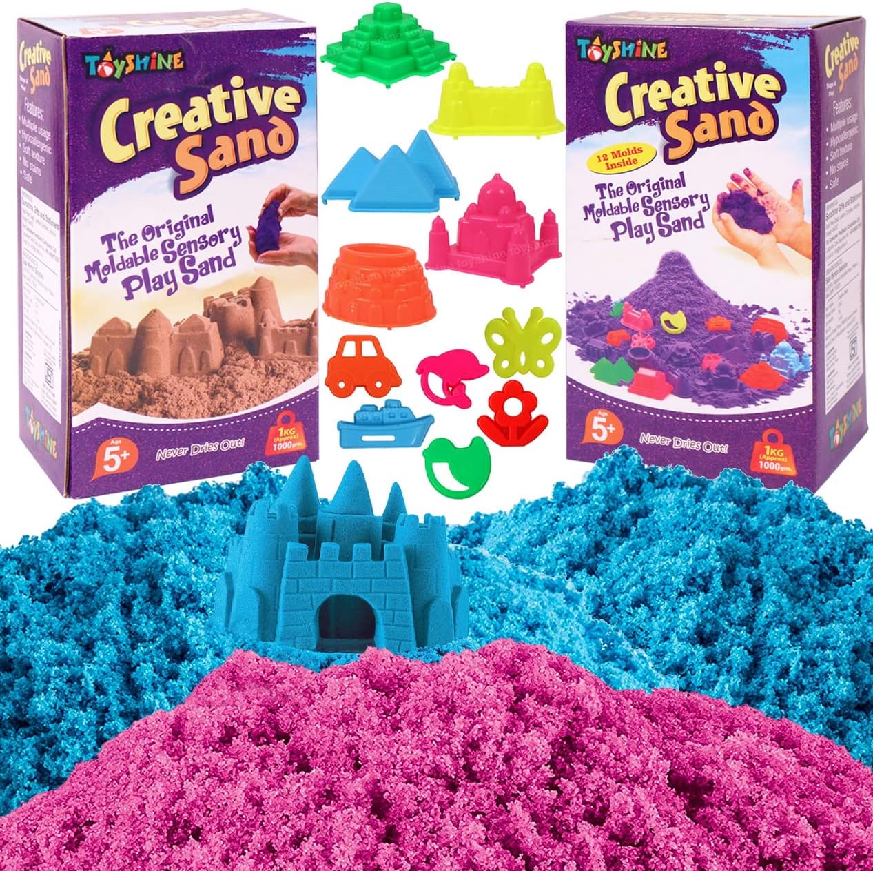 Toyshine Set of 2Kg Creative Sand for Kids with Free Castle Molds and Bonus Molds | Kids Activity Toy Soft Sand Clay Toy - Pink and Blue