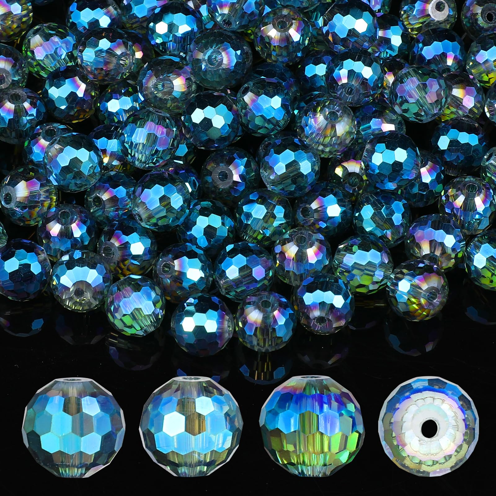 Abeillo Pack of 100 Large Round Blue Glass Beads, 10 mm Faceted, AB Color, for DIY Jewellery Making, Bracelets, Necklaces, Crafts