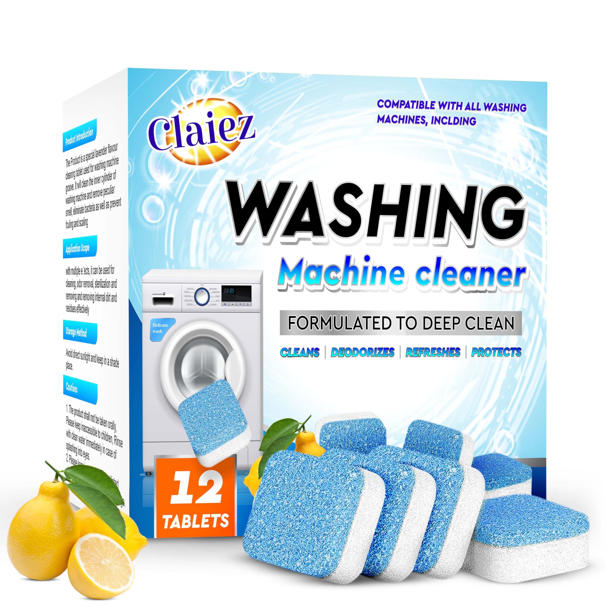 Claiez Washing Machine Cleaner Tablet Descaling Powder Tablets, washing machine deep cleaner, Deep Cleaner Tablet All Company’s Front And Top Load Machine (12 pcs) (Refresh Blue)