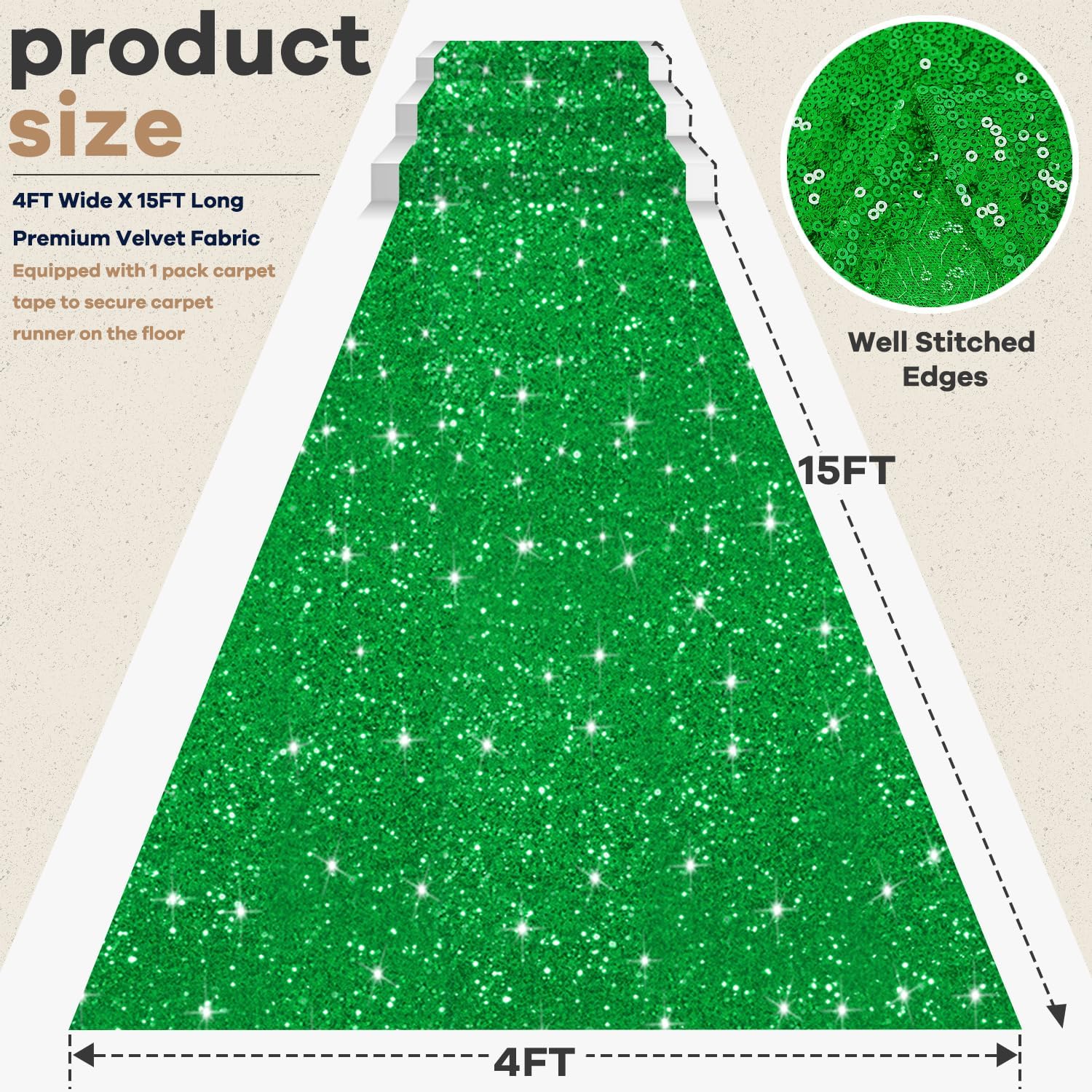 Sequins Green Aisle Runner Metallic Aisle Runners 4ftx15ft Bling Event Carpet Runner Runway Rug with Carpet Tapes Shiny Runner Aisle Carpet for Ceremony Party Birthday Decoration