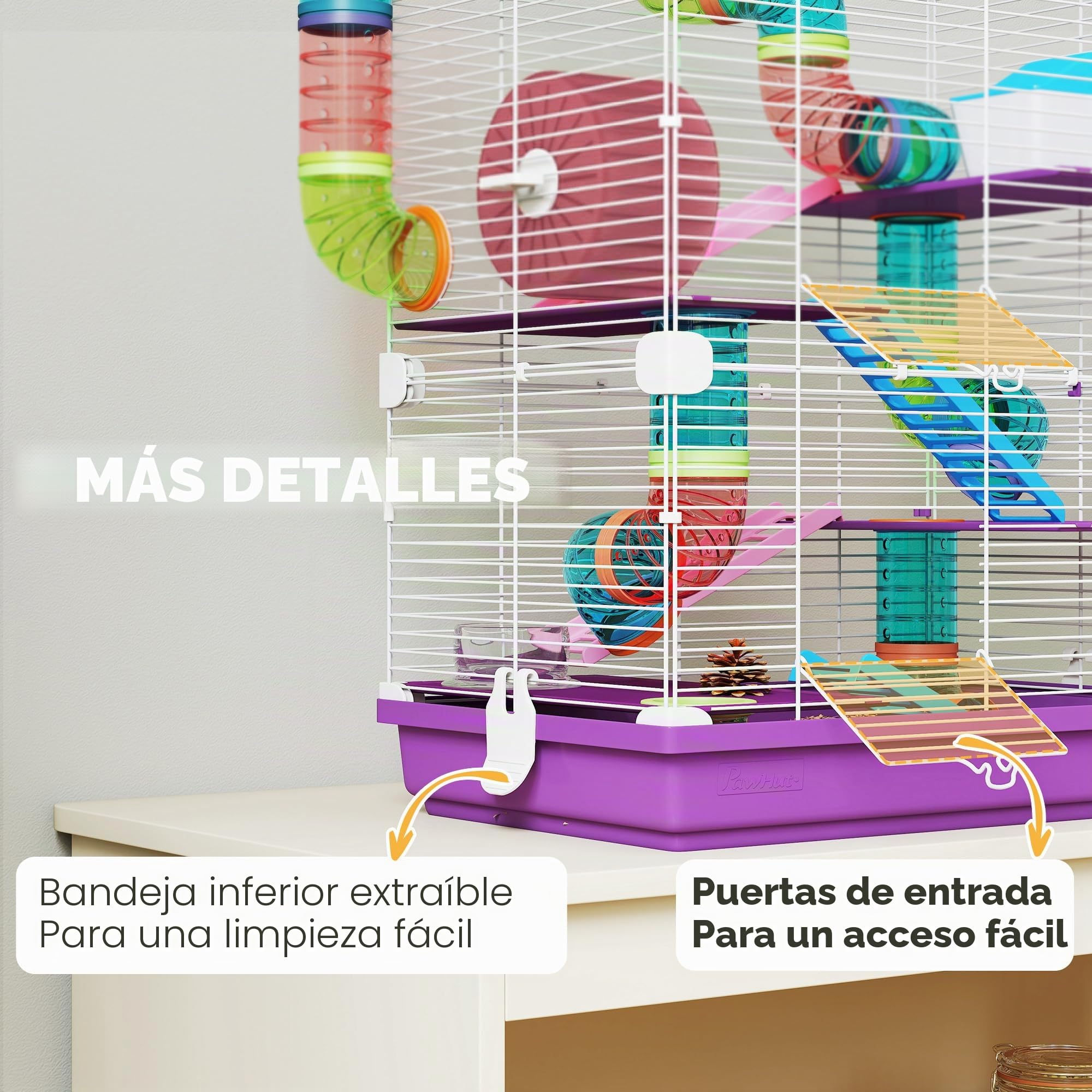 PawHut Jaula para hámster roedor 4 Pisos con túneles alimentador Rueda casa escaleras Dim. 46 x 30 x 58 cm, Color Morado