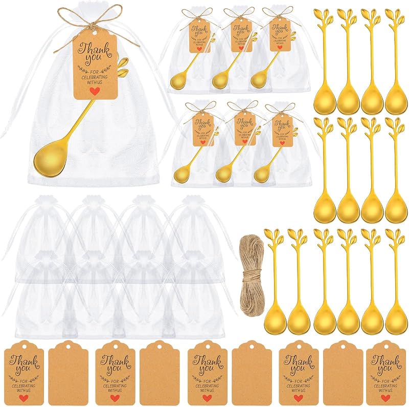 50 Pack Gold Tea Spoons Bulk for Party Favors Mini Leaf Shaped | Stainless Steel, Gift Ready with Organza Bags, Thank You Tags, for Bridal Baby Shower, Wedding Reception, Party Favors