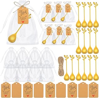 Dandat 50 Sets Tea Spoon Party Favors Gold Tea Spoons Bulk for Guest Include Mini Leaf Dessert Teaspoon Stainless Steel with Thank You Labels Organza Bags for Bridal Shower Party Wedding Souvenir Gift