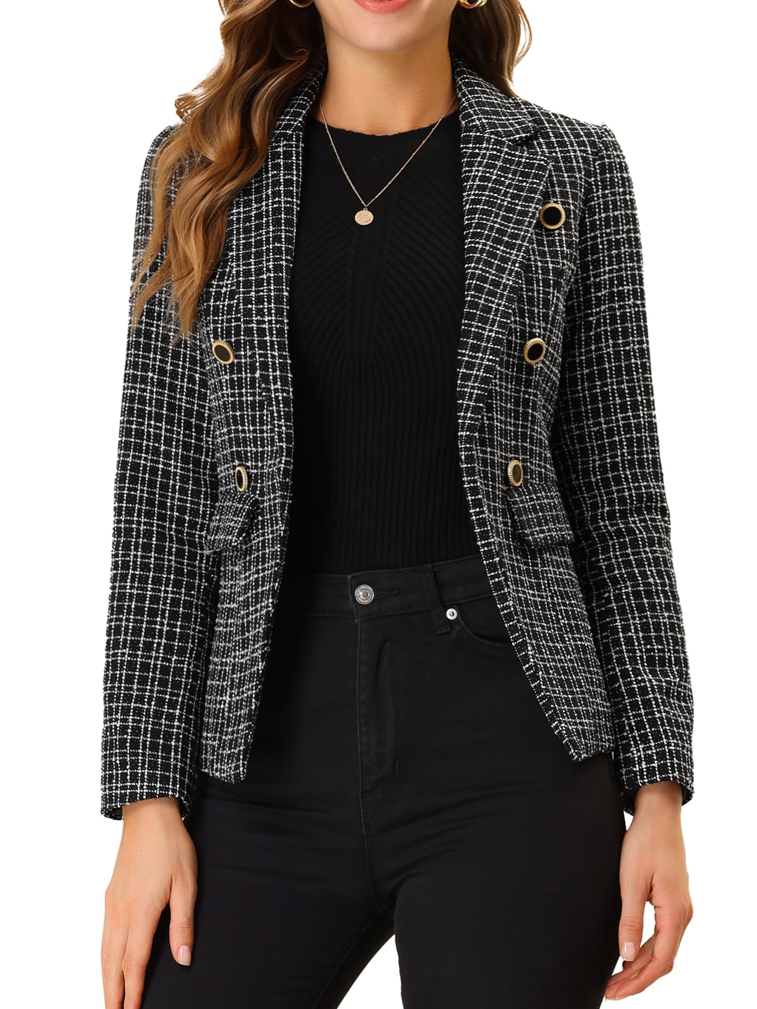 Allegra K Womens Tweed Jacket Plaid Blazer Long Sleeve Elegant Work Open Front Tweed Blazer Jackets