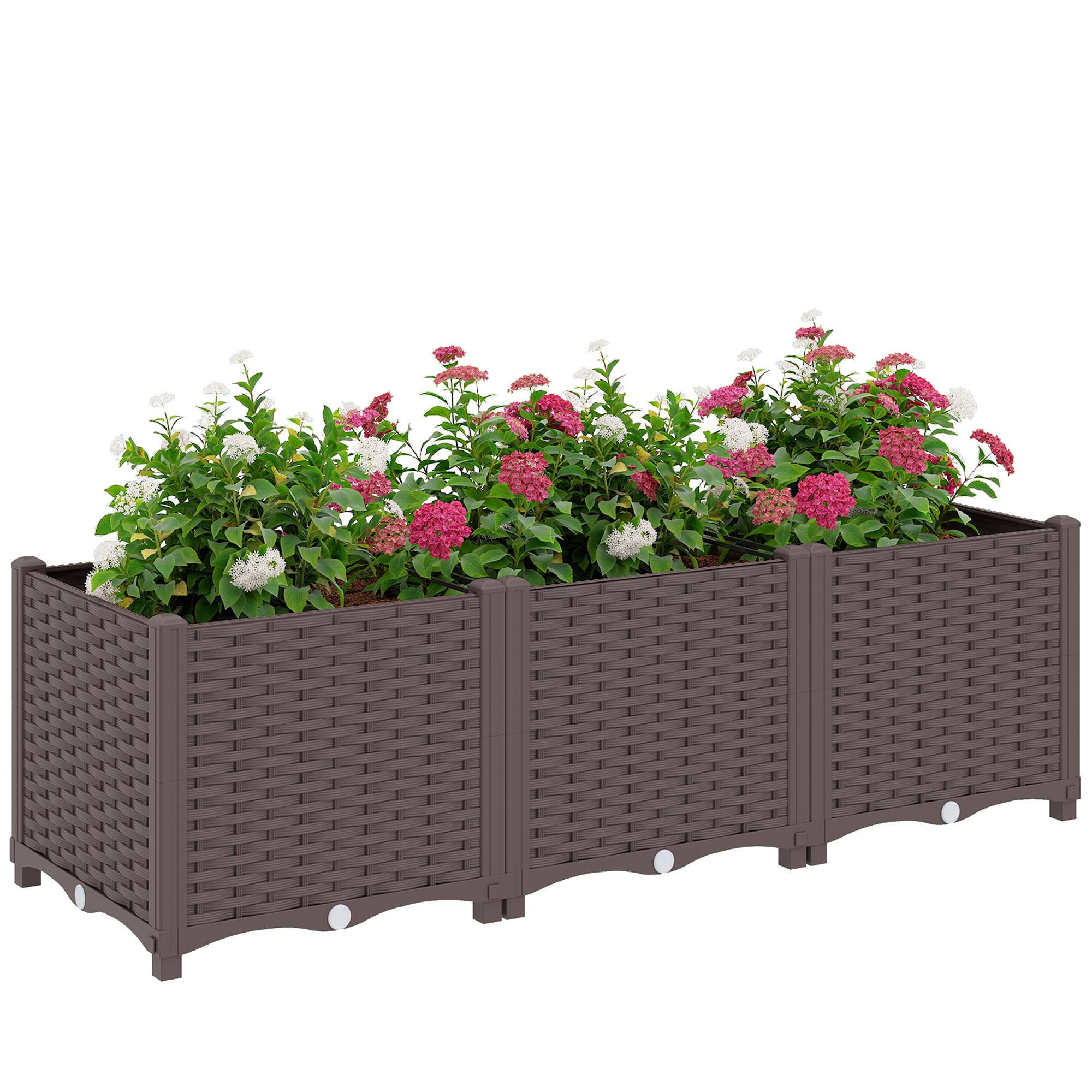 Outsunny Jardinière surélevée, lit de Jardin en Plastique, jardinières Auto-irrigantes avec Trous de Drainage et Bouchons, Montage Facile pour légumes, Fleurs, Herbes, 120 x 40 x 37 cm, Marron