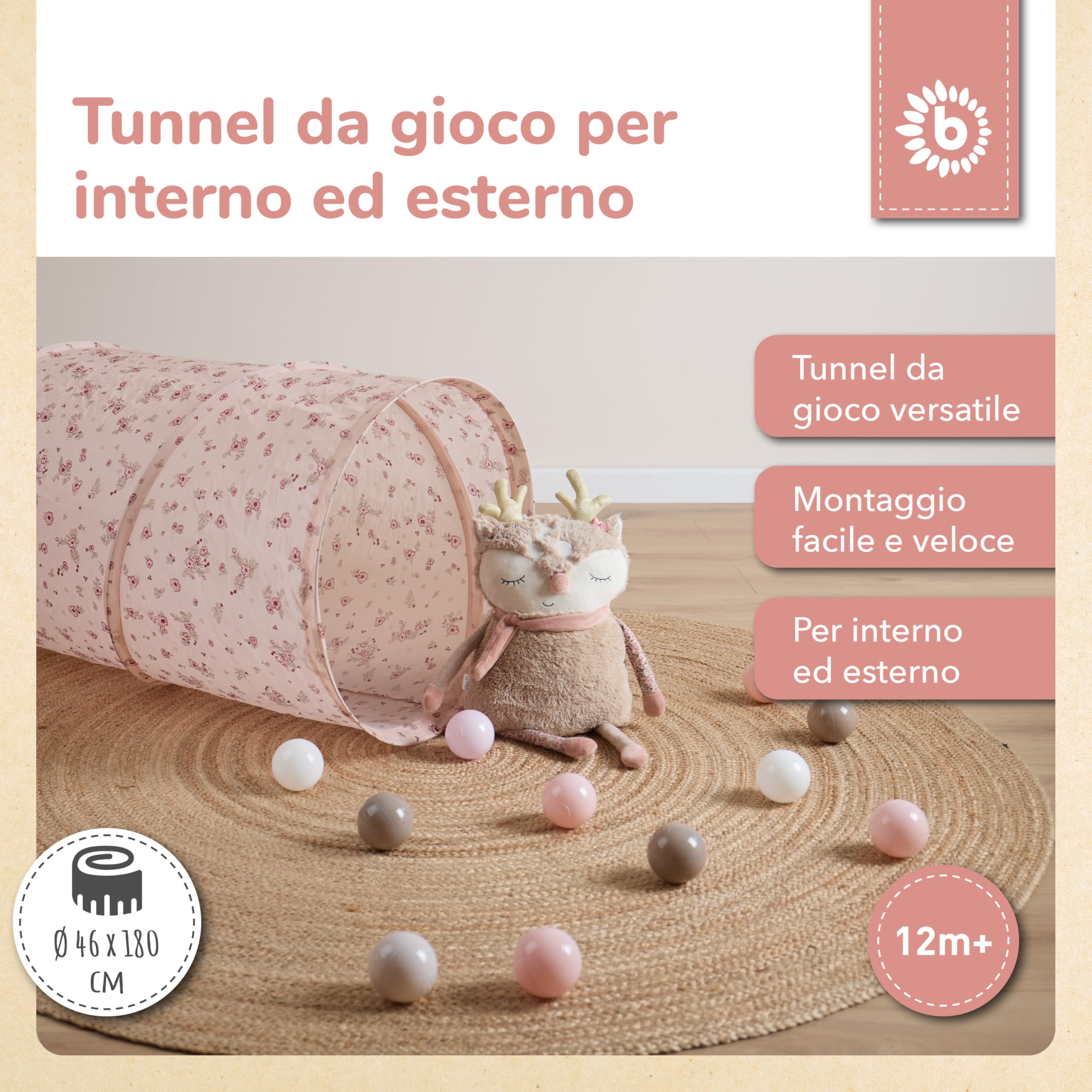 Bieco Pop Up Tunnel Flori Sognanti per Bambini da 1 Anno | 180 x 46 cm