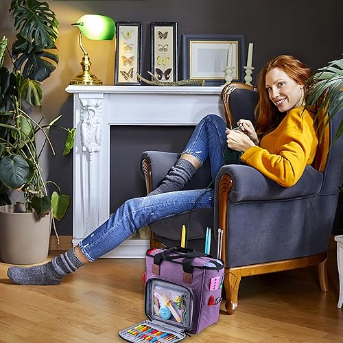 Miniatura 6 de LOOEN Bolsa de almacenamiento de hilo para tejer, organizador de ganchillo de gran capacidad, bolsa de viaje portátil con correa para el hombro,