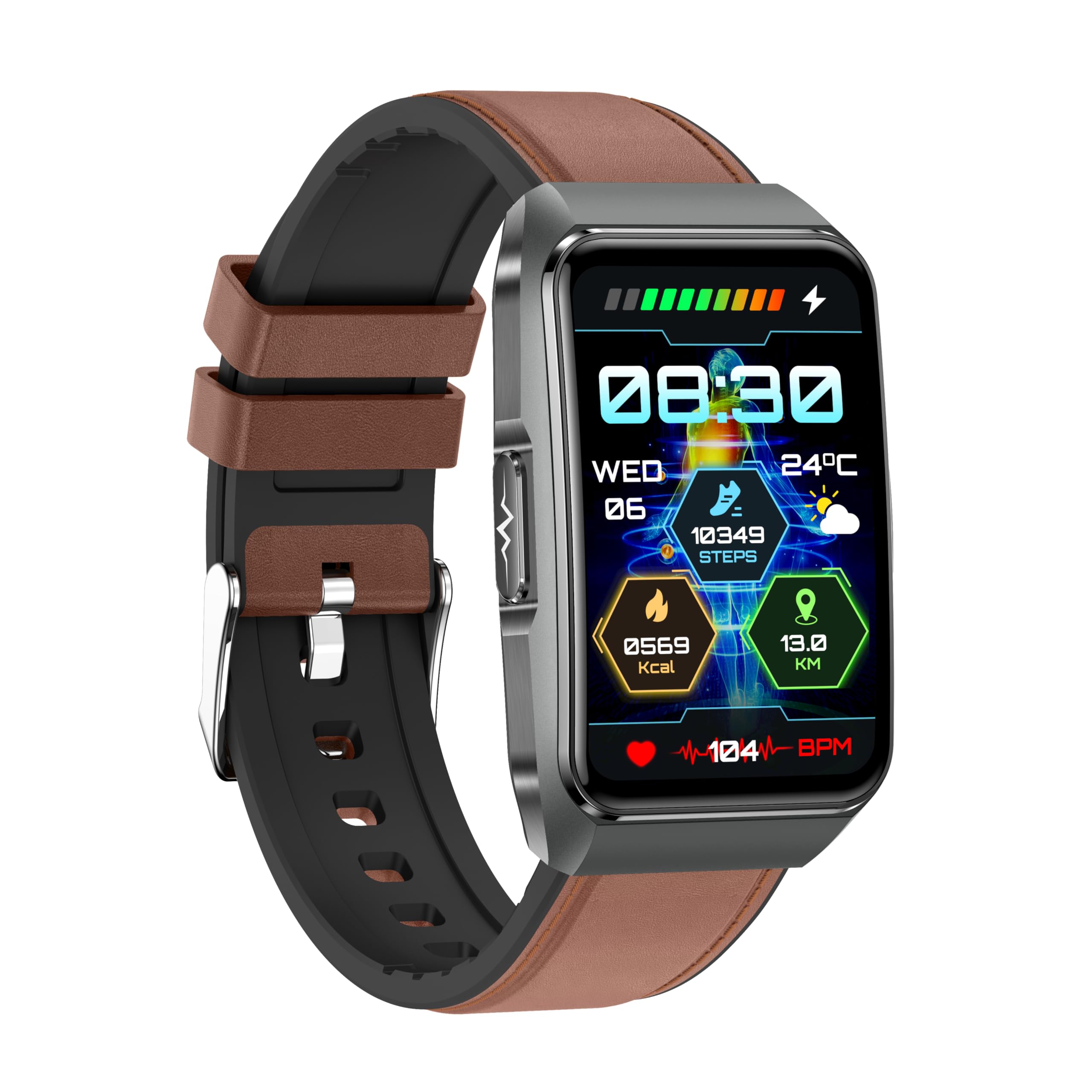 Knauermann Neo 2 Band ECG Montre de santé avec Mesure de la Pression artérielle, SpO2, fréquence Cardiaque, Analyse du Sommeil, Fonction téléphone et Appel d'urgence, Bracelet en Cuir de Vachette