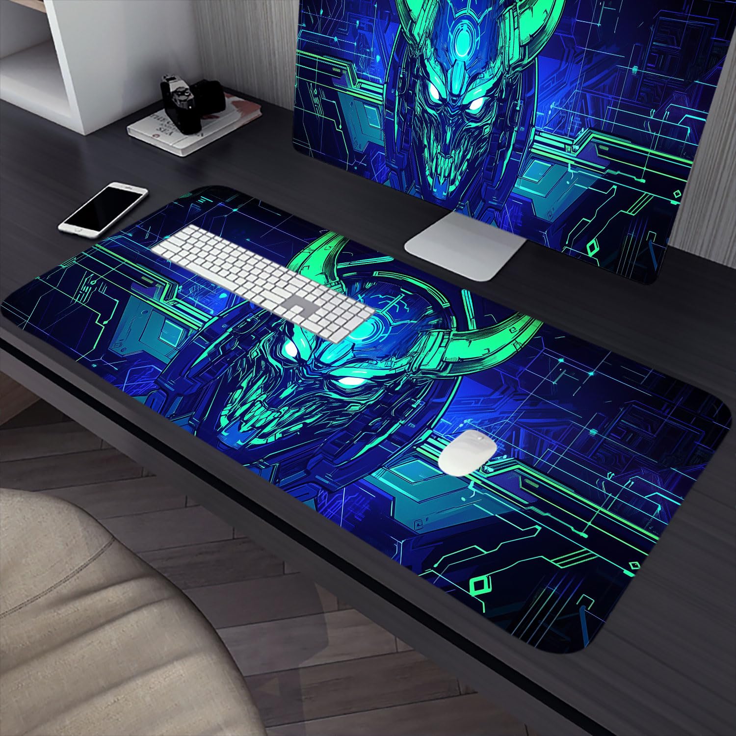 Alfombrilla de escritorio con máscara de samurái japonés, máscara de fantasía futurista, alfombrilla de mouse XL, alfombrilla de mouse grande extendida para teclado para laptop, alfombrilla de