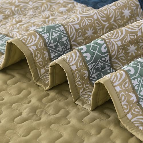 Miniatura 6 de Dinjoy Juego de edredón bohemio tamaño Queen, colcha azul tamaño Queen bohemio a rayas, juego de ropa de cama ligero para todas las estaciones, 90 x