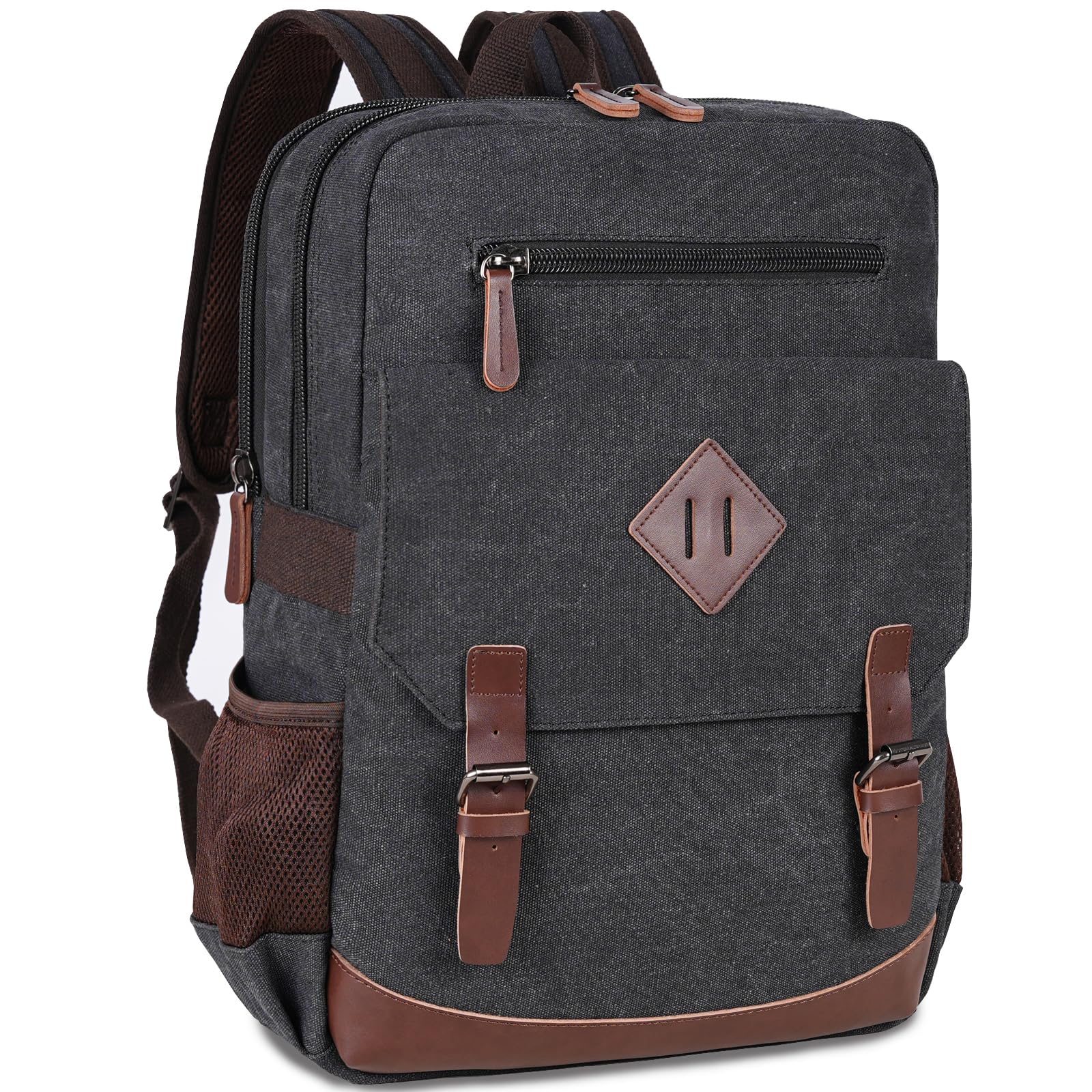 Canvas Vintage Laptop Backpack for Women Men, College Bookbag Fits 15.6 Inch Laptop (Black-Upgrade)